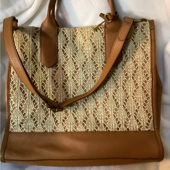 Brown and Cream Structured Tote Bag with Leather Accents - Picture 1 of 5